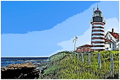 West Quoddy Head Light Over Rocky Shoreline -Digital Painting